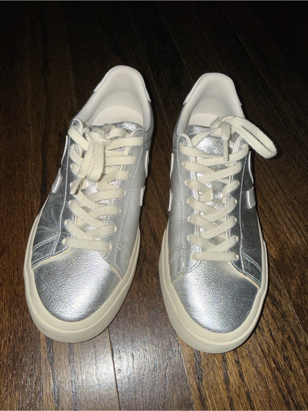Veja Silver Metallic Low-Top Sneakers with Cream Laces